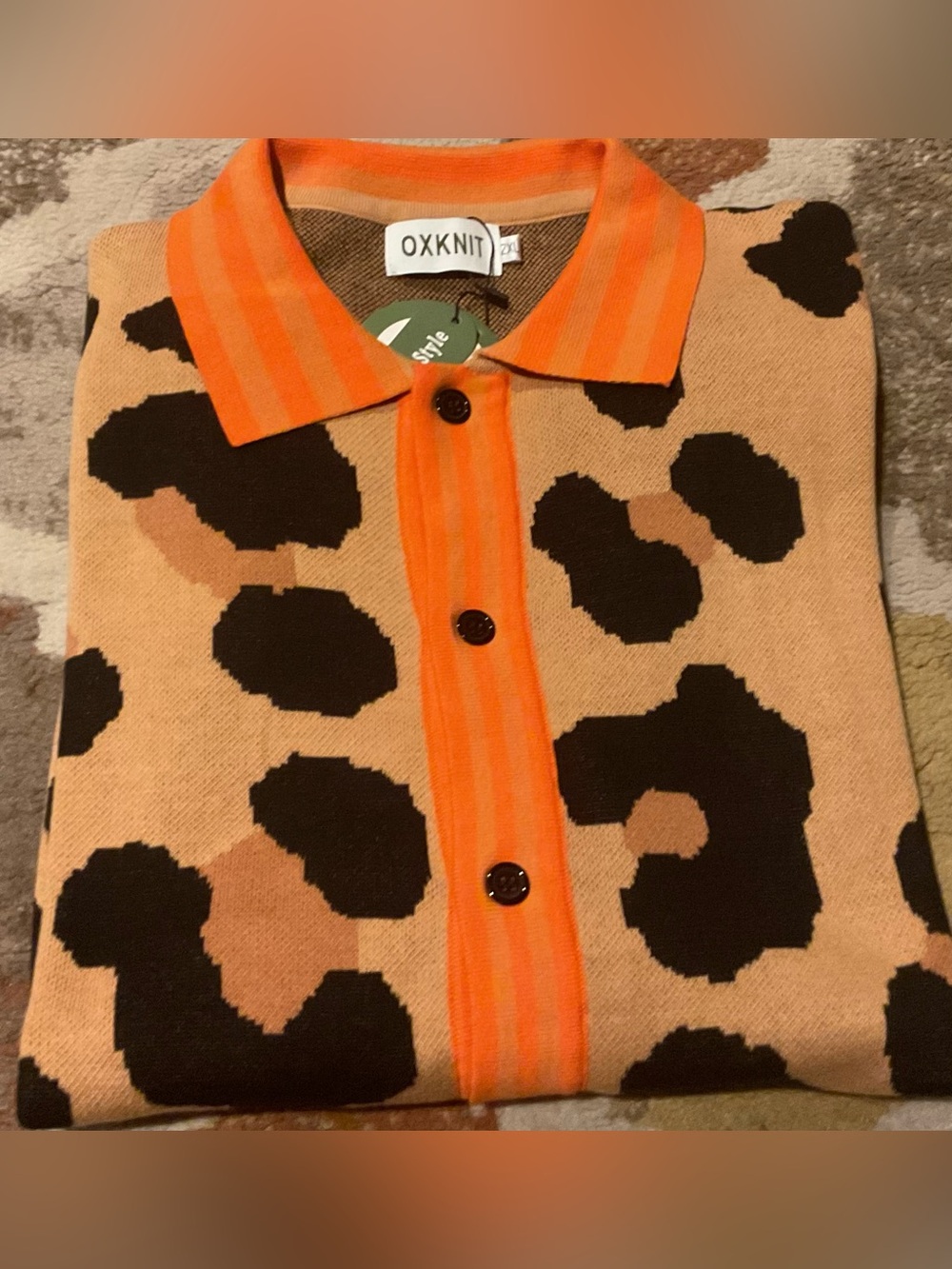 Animal Print cardigan Sweater in Tan and Black with Orange Trim